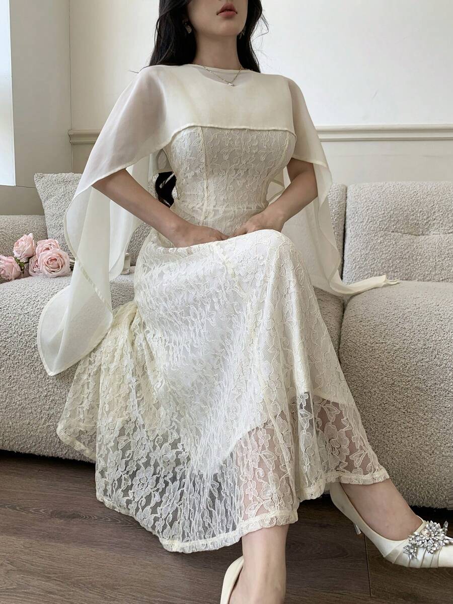 SHEIN فستان شيفون شفاف فرنسي عتيق أنيق ومنحف مع شال