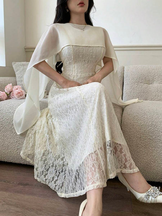 SHEIN فستان شيفون فرنسي عتيق أنيق ومنحف مع شال