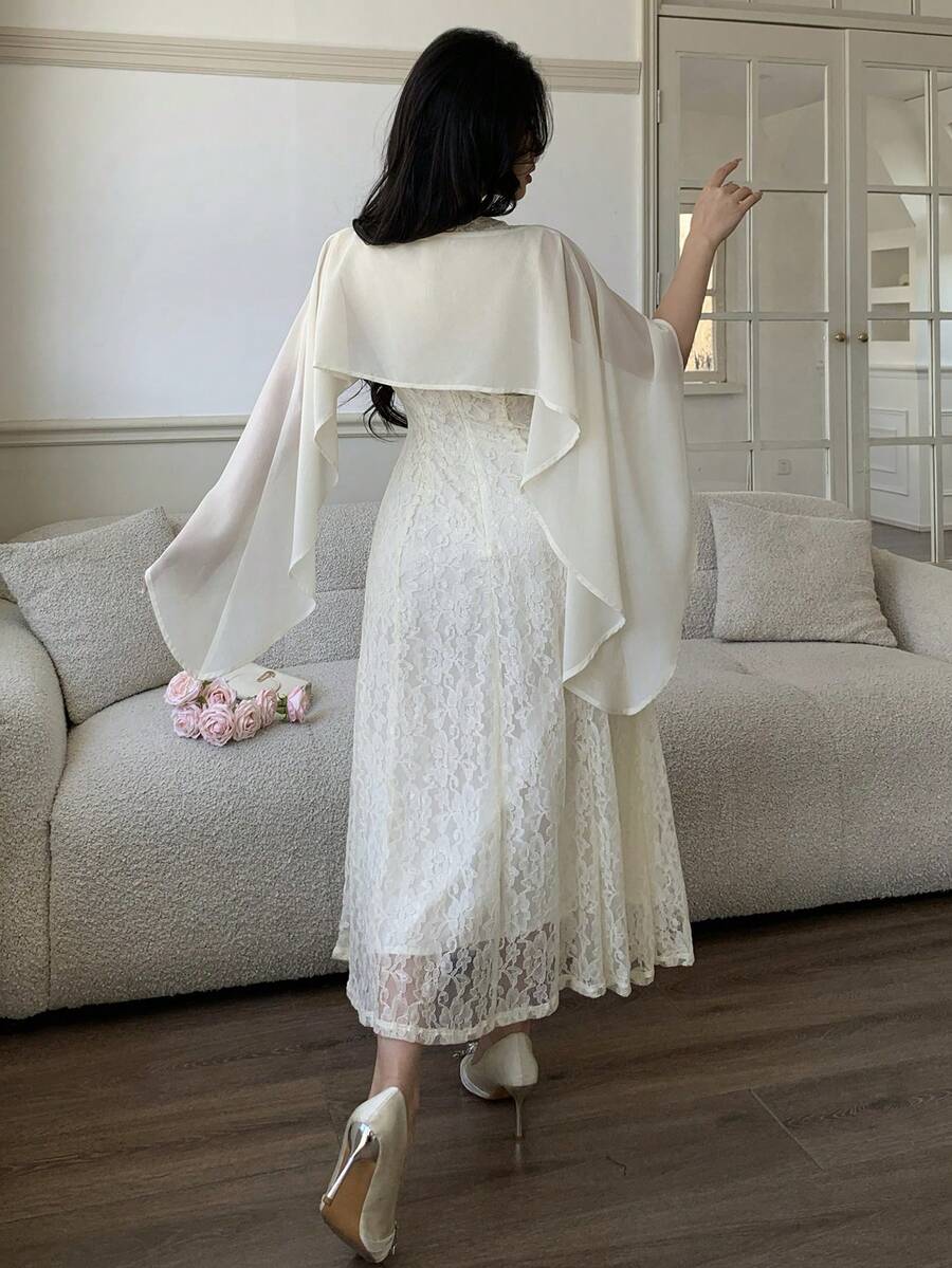 SHEIN فستان شيفون شفاف فرنسي عتيق أنيق ومنحف مع شال