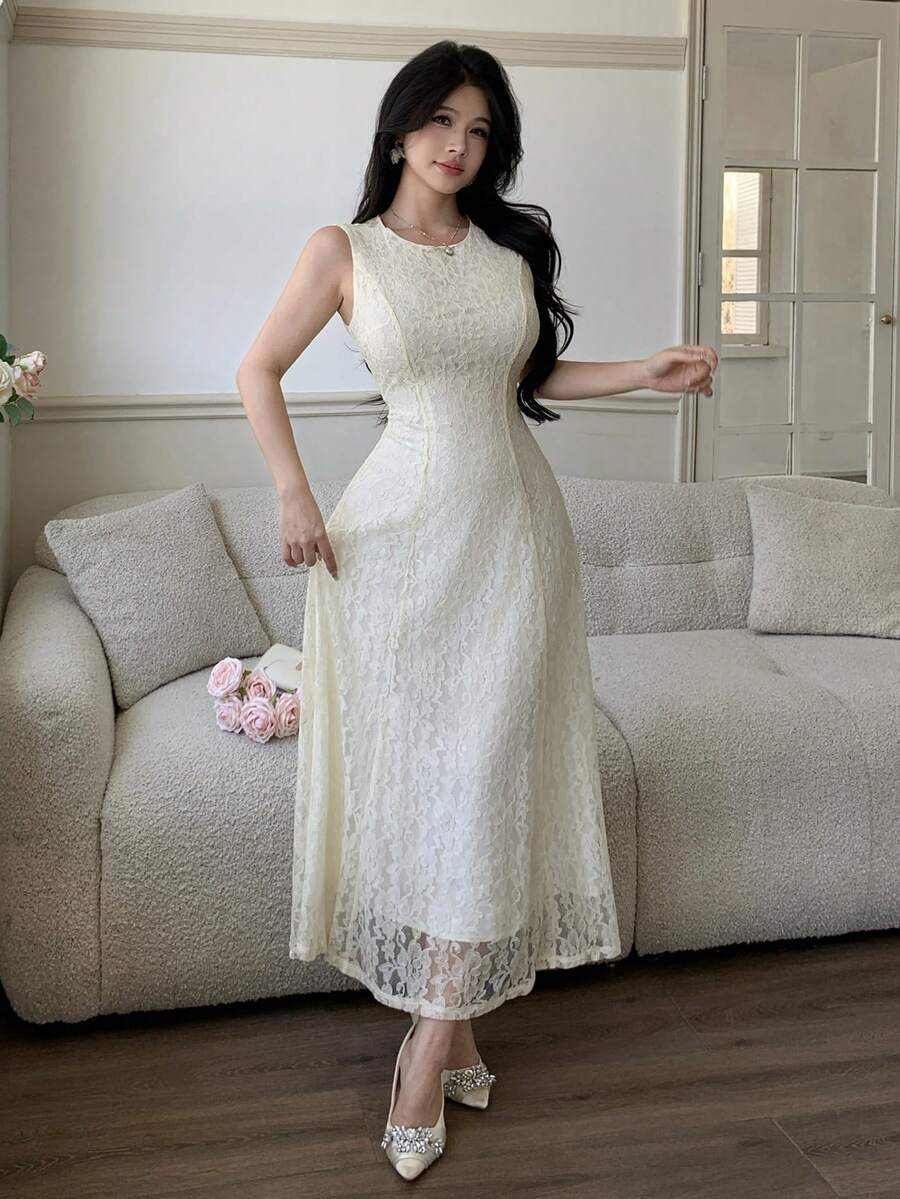 SHEIN فستان شيفون شفاف فرنسي عتيق أنيق ومنحف مع شال