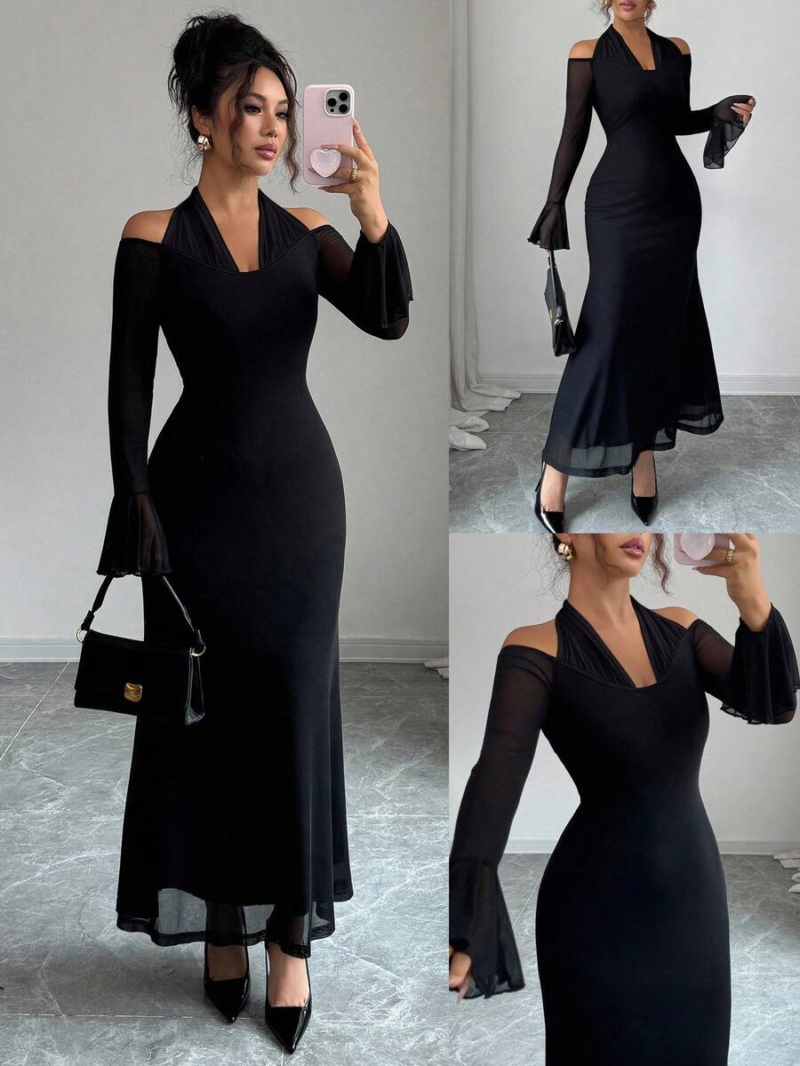 SHEIN Elenzya فستان أسود بياقة حلقية وأكمام واسعة طويلة بتصميم لوحات