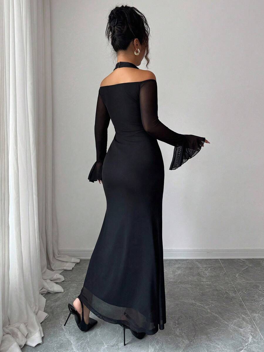 SHEIN Elenzya فستان أسود بياقة حلقية وأكمام واسعة طويلة بتصميم لوحات