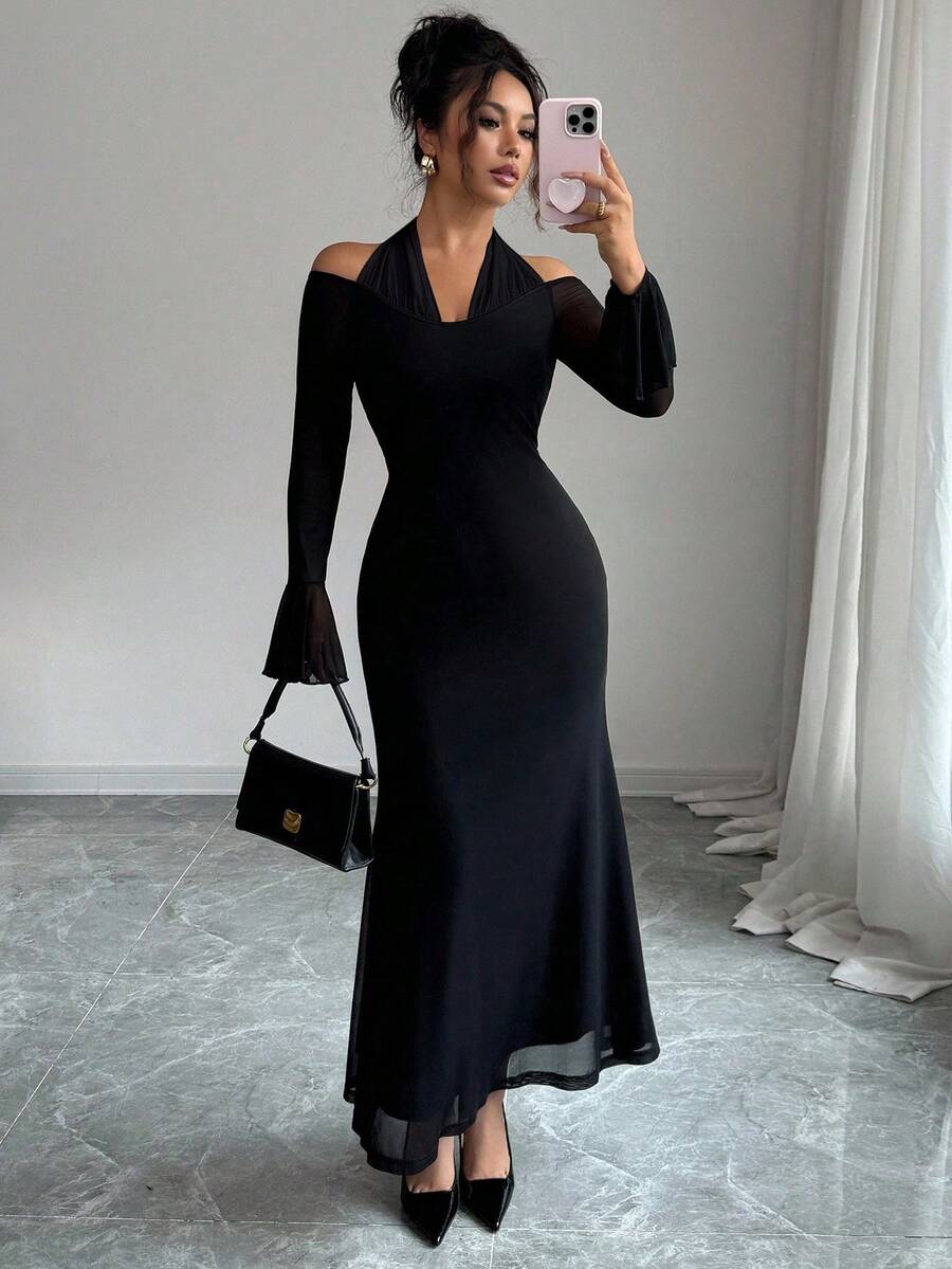 SHEIN Elenzya فستان أسود بياقة حلقية وأكمام واسعة طويلة بتصميم لوحات