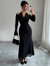 SHEIN Elenzya فستان أسود بياقة حلقية وأكمام واسعة طويلة بتصميم لوحات