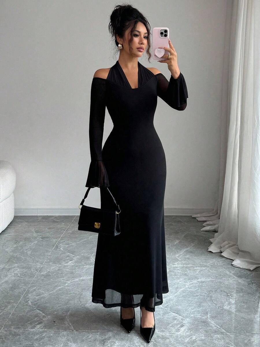 SHEIN Elenzya فستان أسود بياقة حلقية وأكمام واسعة طويلة بتصميم لوحات