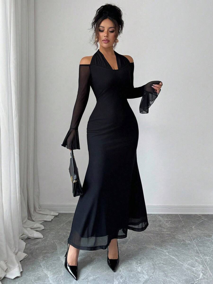 SHEIN Elenzya فستان أسود بياقة حلقية وأكمام واسعة طويلة بتصميم لوحات