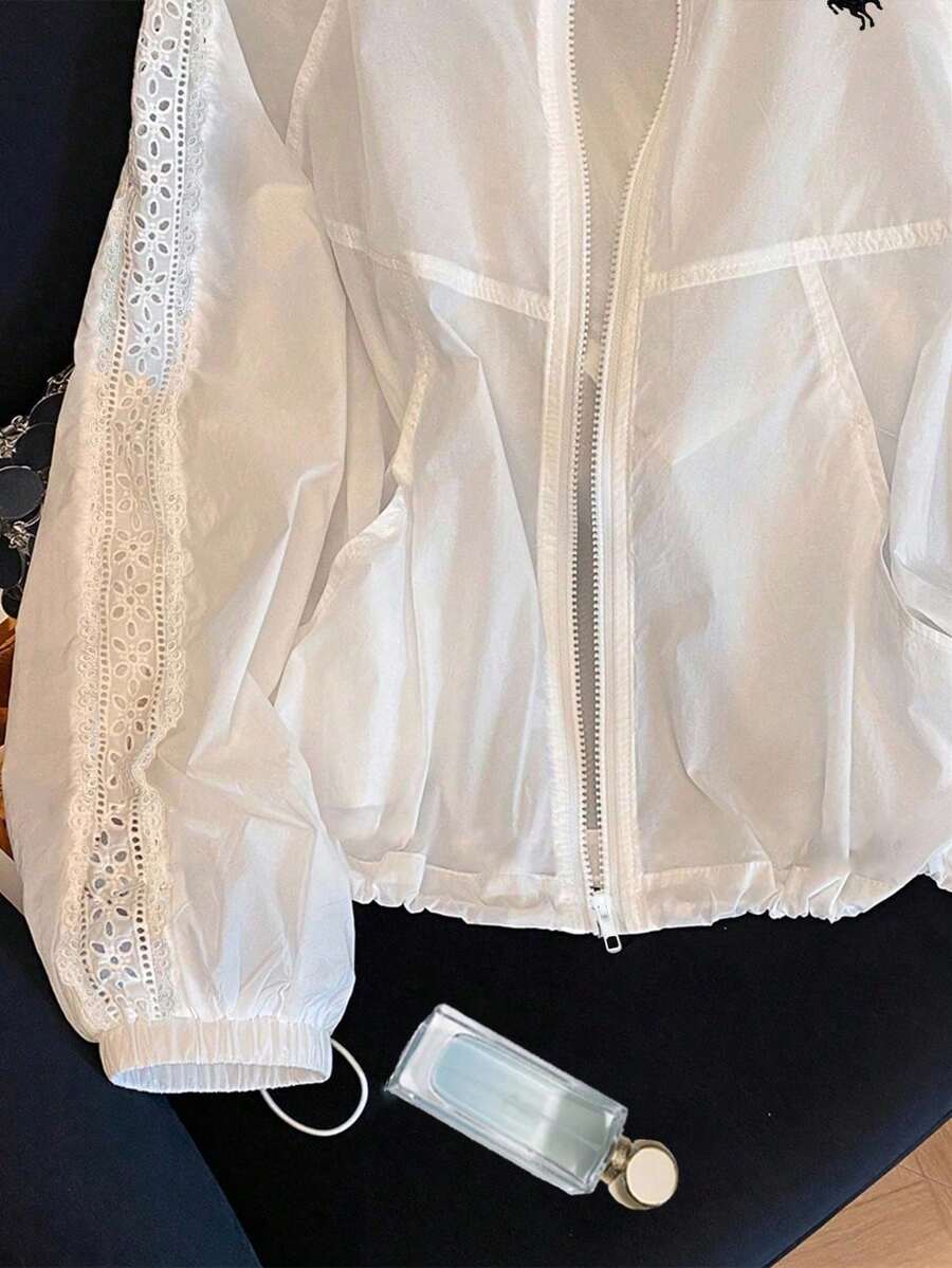 SHEIN Resyla جاكيت نسائي خفيف بسحاب وأكمام راجلان وحافة برباط