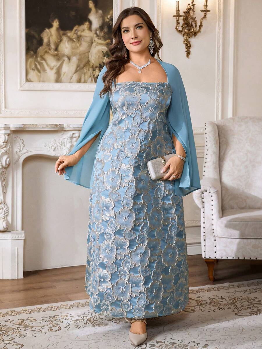 SHEIN Firerie فستان شيفون أزرق برقبة مربعة للمقاسات كبيرة