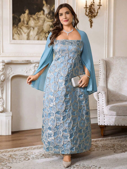 SHEIN Firerie فستان شيفون أزرق برقبة مربعة للمقاسات كبيرة