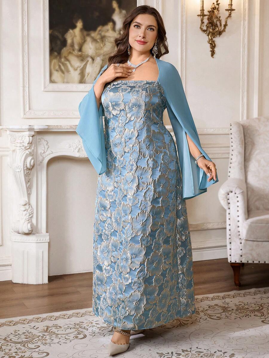 SHEIN Firerie فستان شيفون أزرق برقبة مربعة للمقاسات كبيرة