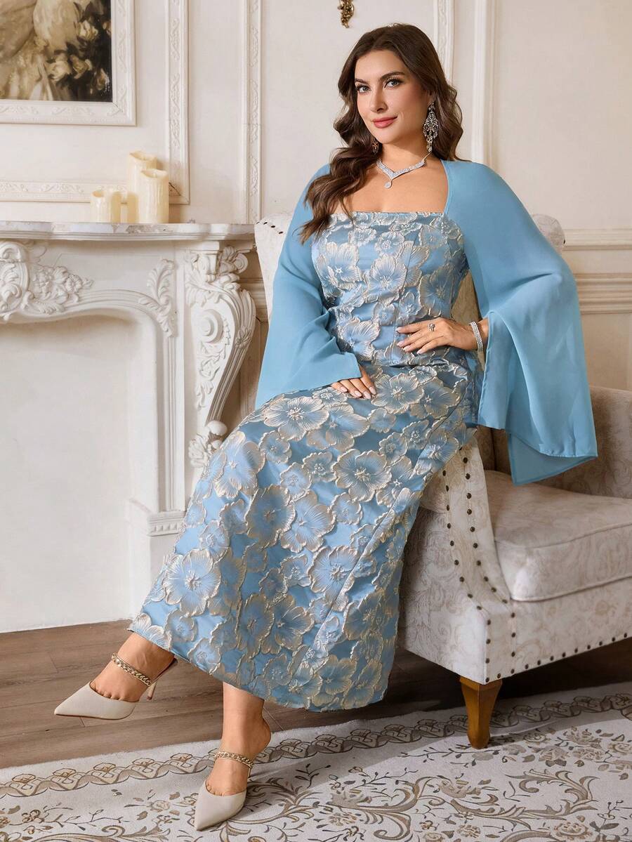 SHEIN Firerie فستان شيفون أزرق برقبة مربعة للمقاسات كبيرة