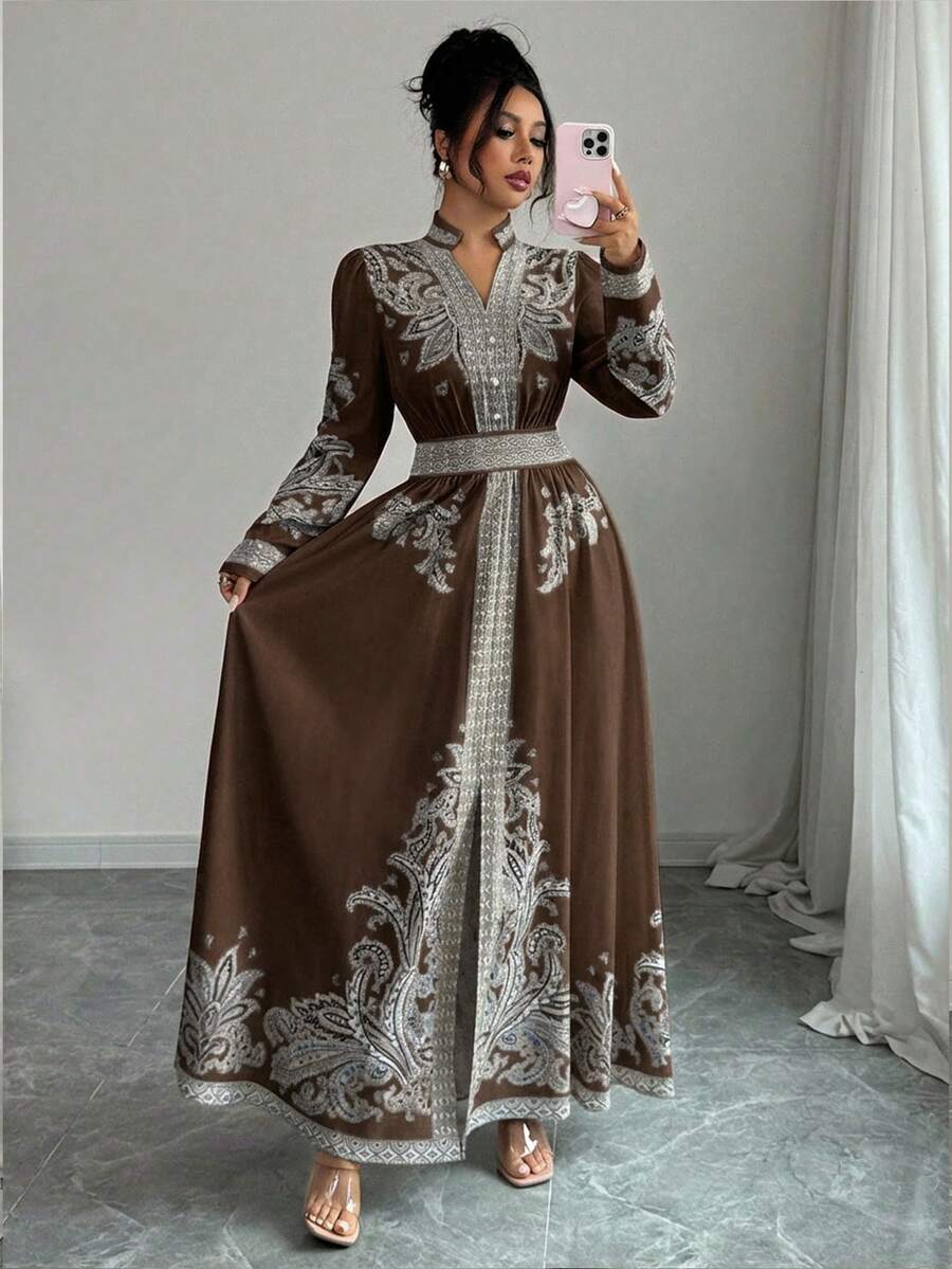 SHEIN Rafferiza فستان بطبعة زهرية بأكمام فانوس وذيل مكسر