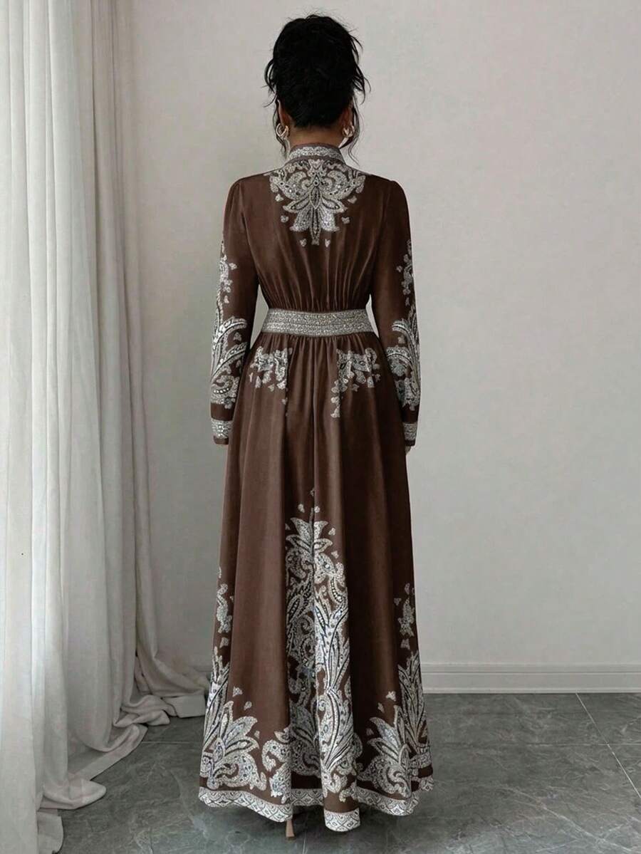 SHEIN Rafferiza فستان بطبعة زهرية بأكمام فانوس وذيل مكسر