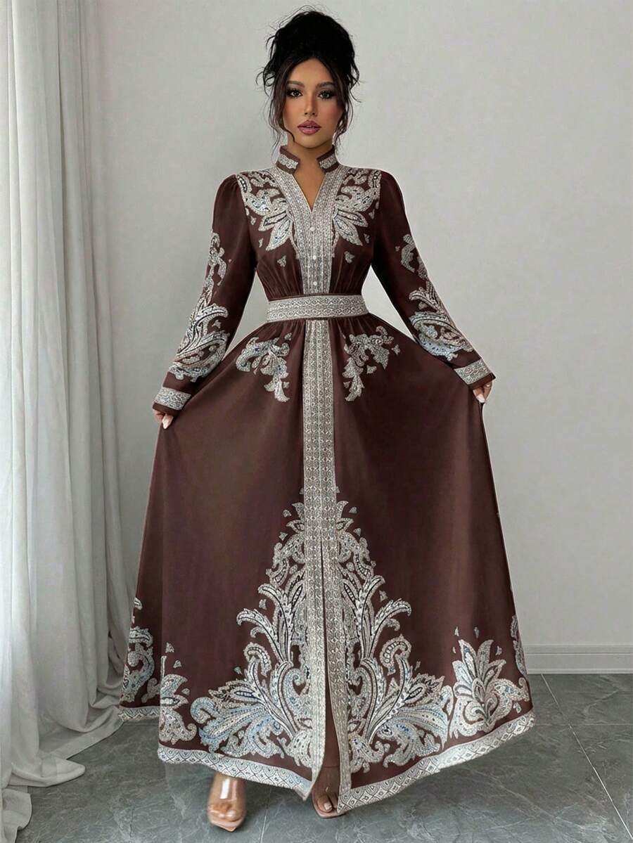 SHEIN Rafferiza فستان بطبعة زهرية بأكمام فانوس وذيل مكسر