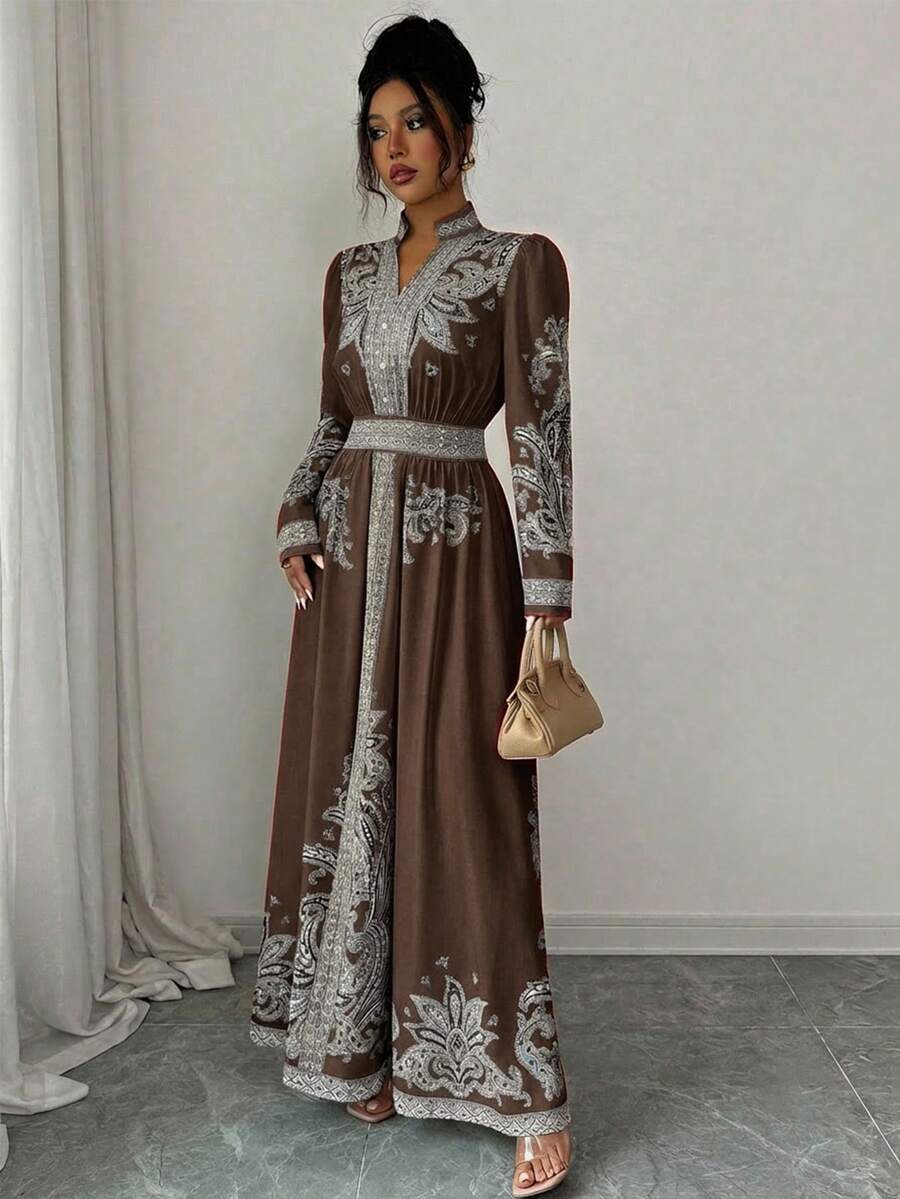 SHEIN Rafferiza فستان بطبعة زهرية بأكمام فانوس وذيل مكسر