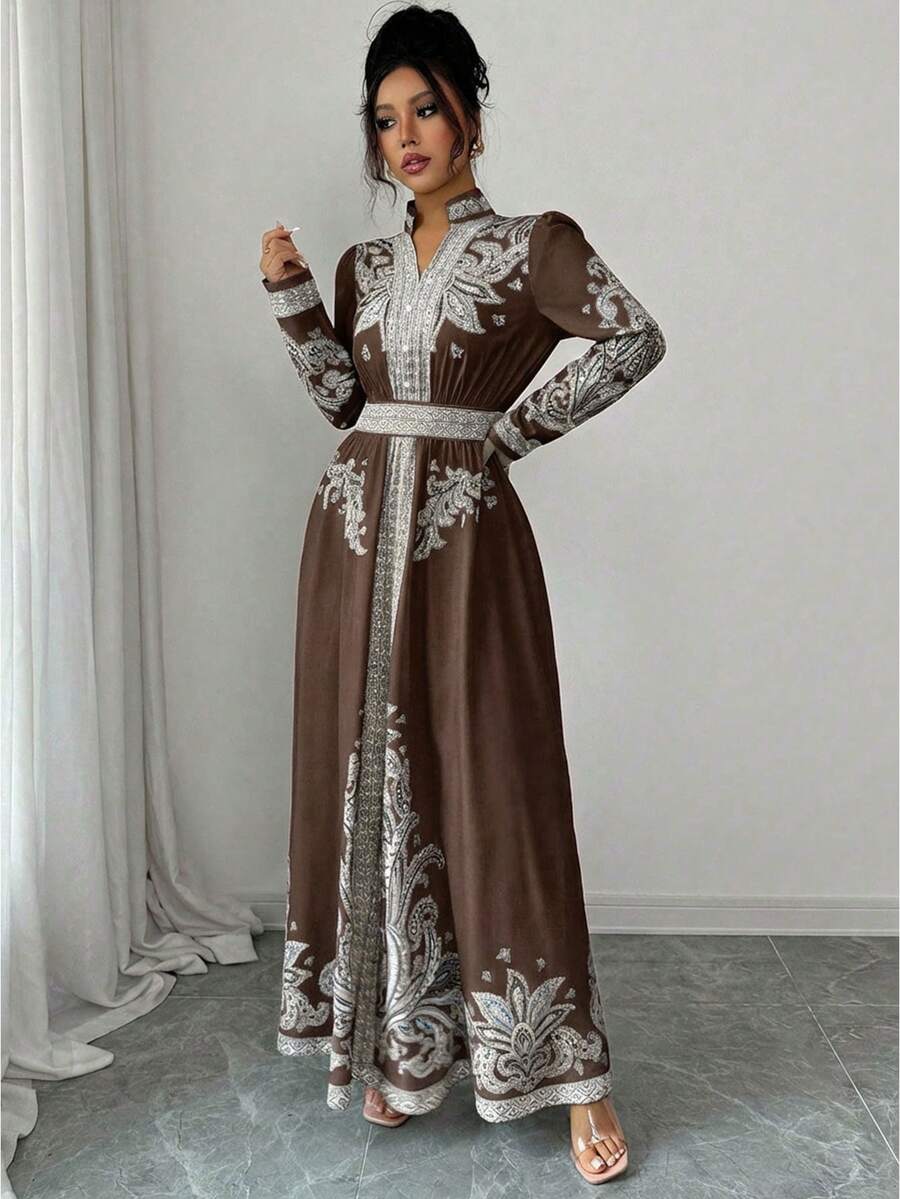 SHEIN Rafferiza فستان بطبعة زهرية بأكمام فانوس وذيل مكسر