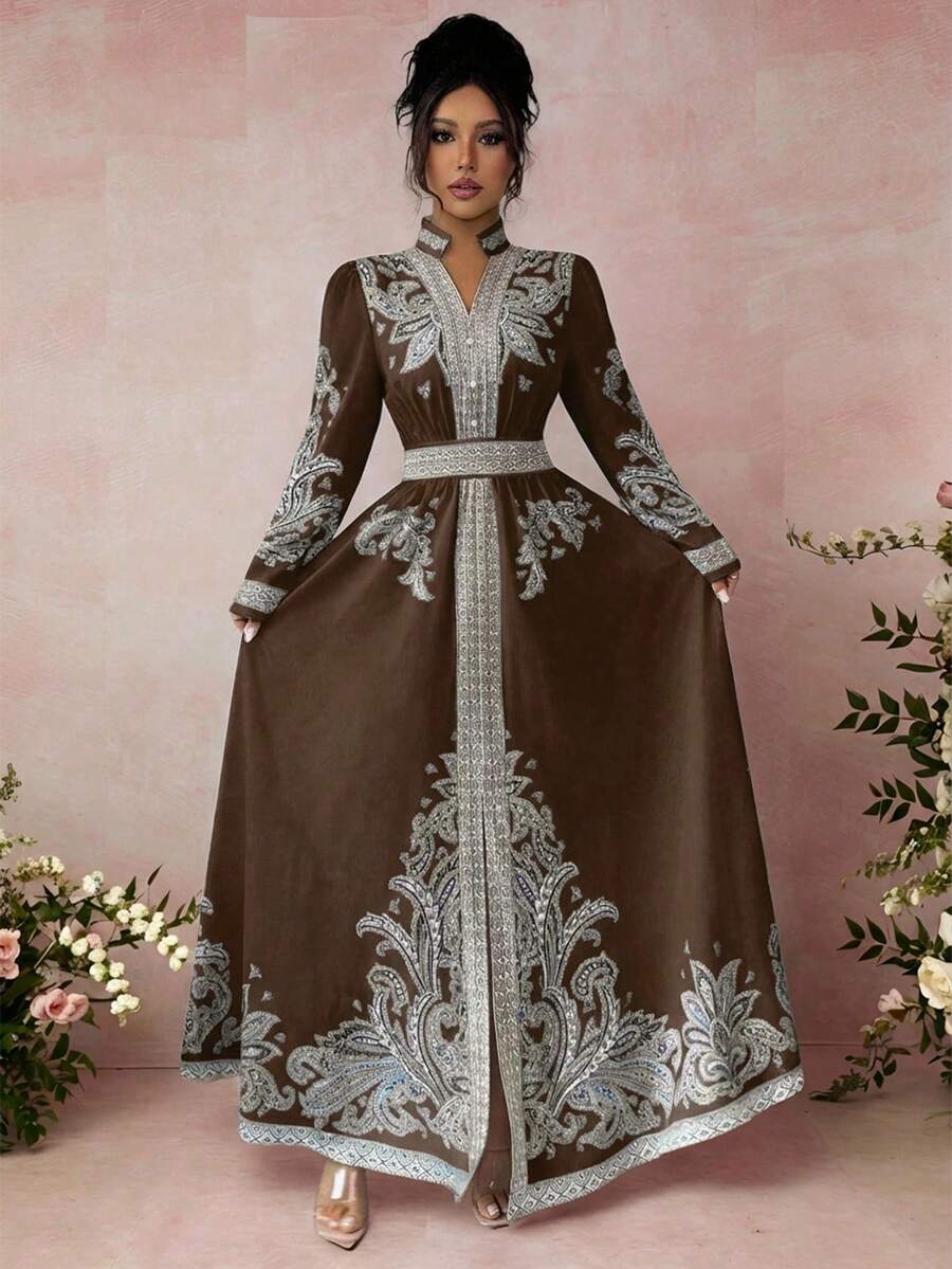 SHEIN Rafferiza فستان بطبعة زهرية بأكمام فانوس وذيل مكسر