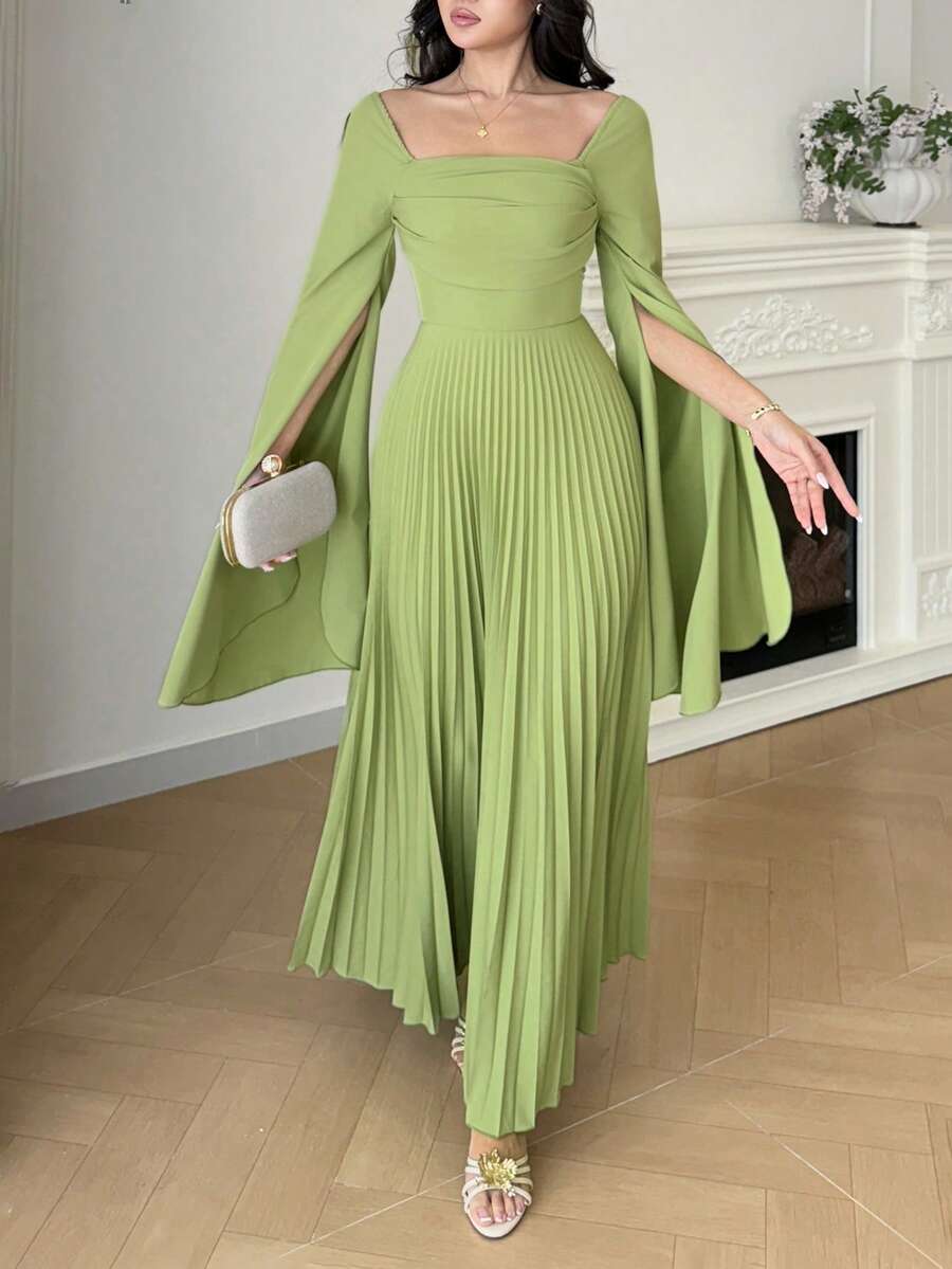 SHEIN Modelyn فستان أخضر بأكمام طويلة مطوي بياقة مربعة