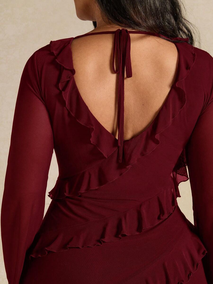 SHEIN BAE فستان للمقاسات الكبيرة بأكمام طويلة وتنورة مكشكشة بلون عنابي