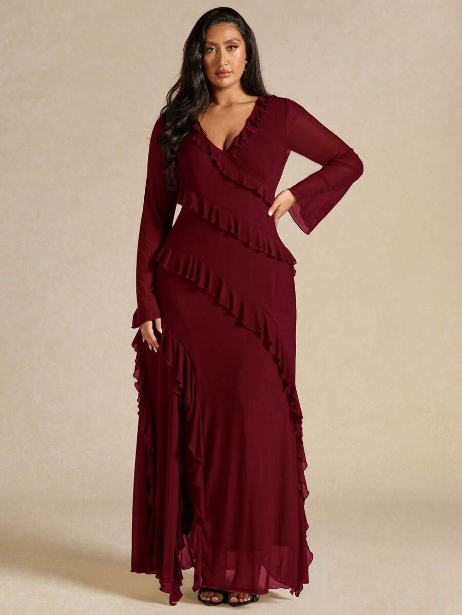 SHEIN BAE فستان للمقاسات الكبيرة بأكمام طويلة وتنورة مكشكشة بلون عنابي