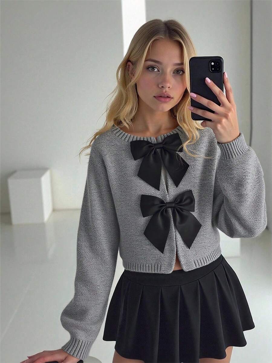 SHEIN Explorewe كارديجان مصنوع يدويًا للبنات بأكمام طويلة وفيونكة أنيقة