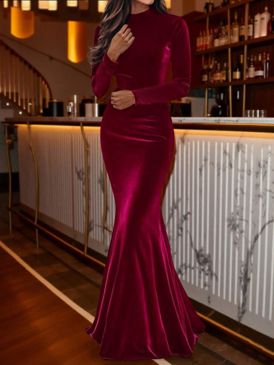 SHEIN Balvessa فستان ميدي مخملي أنيق بقصة حورية باللون العنابي