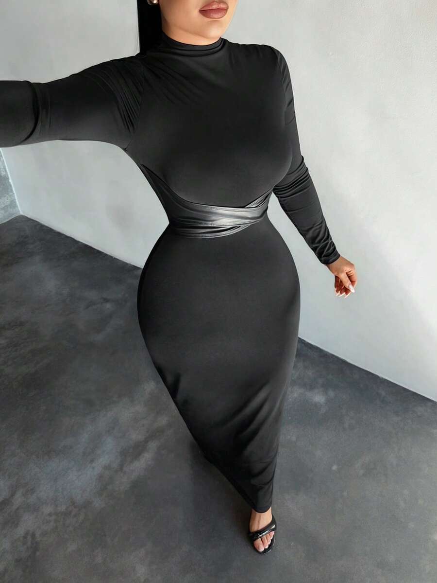 SHEIN SXY فستان أسود بياقة عالية وأكمام طويلة بتصميم خصر متقاطع