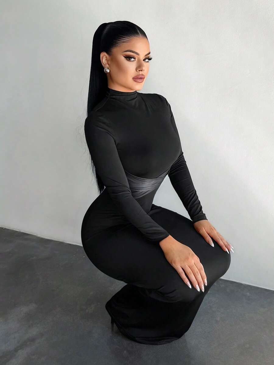 SHEIN SXY فستان أسود بياقة عالية وأكمام طويلة بتصميم خصر متقاطع