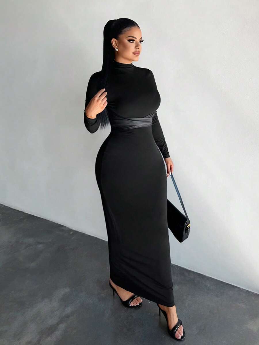 SHEIN SXY فستان أسود بياقة عالية وأكمام طويلة بتصميم خصر متقاطع