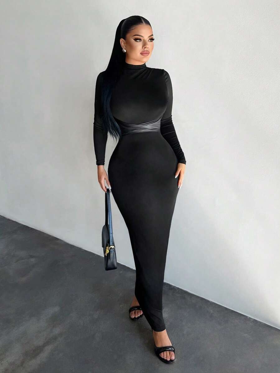 SHEIN SXY فستان أسود بياقة عالية وأكمام طويلة بتصميم خصر متقاطع