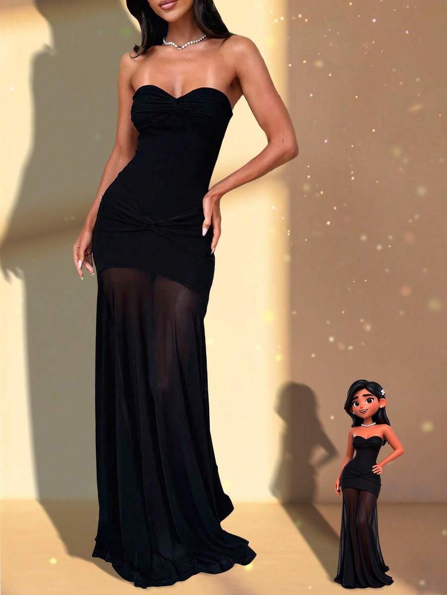 SHEIN فستان أسود ماكسي مكشوف الكتفين بتصميم شبكي