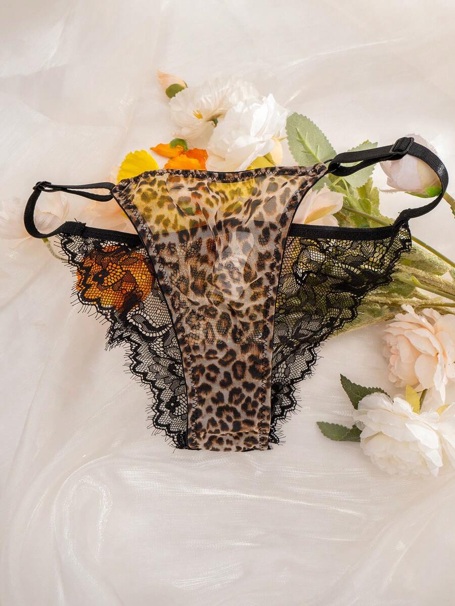SHEIN طقم لانجري 2 قطعة بطبعة نمر وتطريز دانتيل بإغلاق أمامي