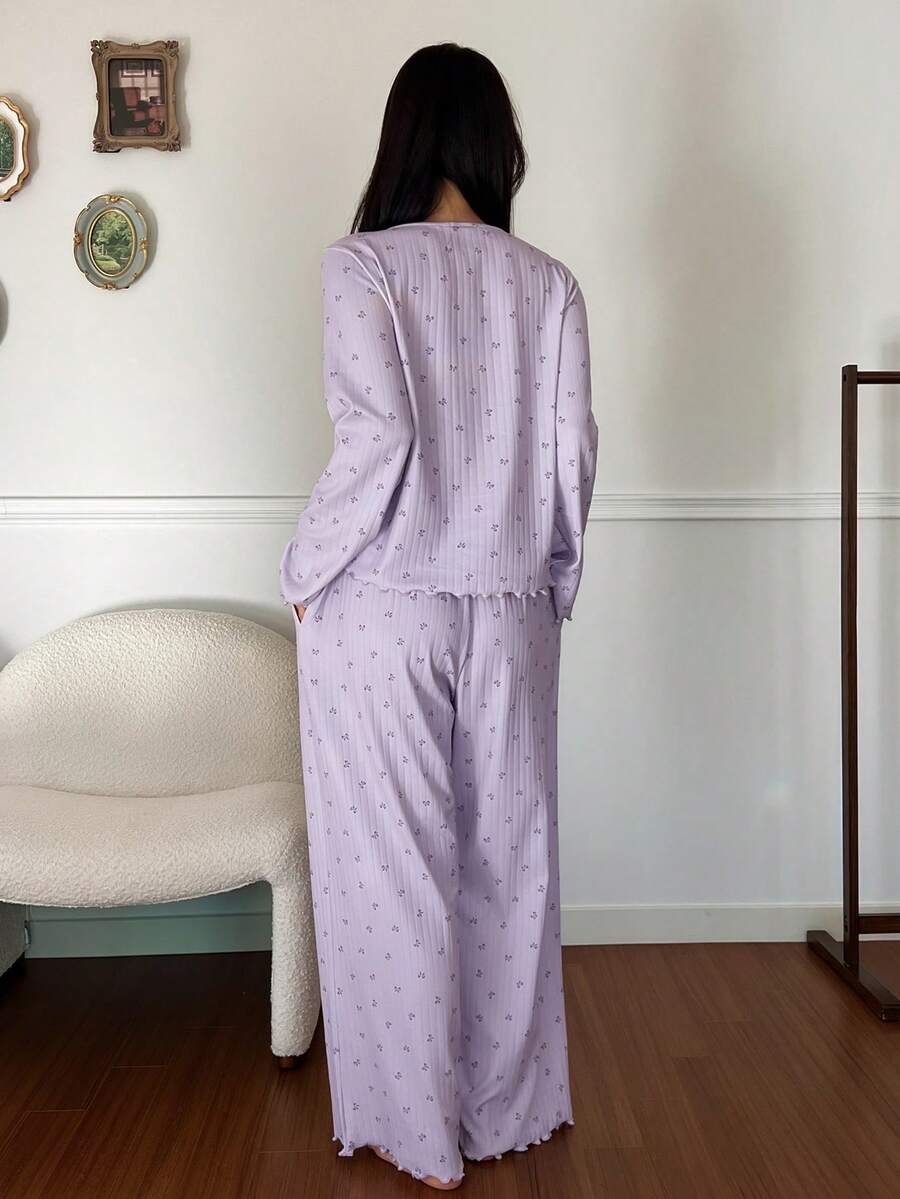 SHEIN DAZY طقم بيجامة نسائي مع ربطة عنق بطبعة زهور صغيرة