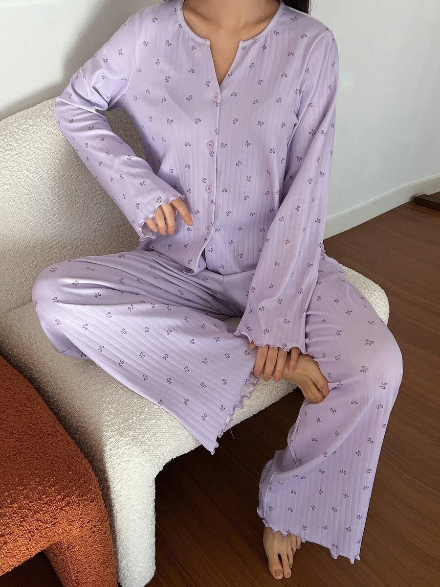 SHEIN DAZY طقم بيجامة نسائي مع ربطة عنق بطبعة زهور صغيرة