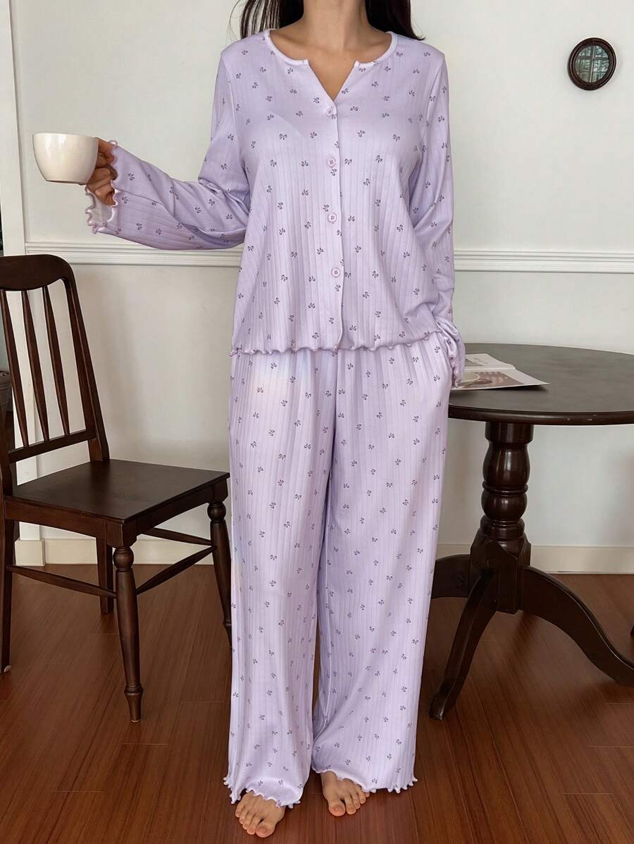 SHEIN DAZY طقم بيجامة نسائي مع ربطة عنق بطبعة زهور صغيرة