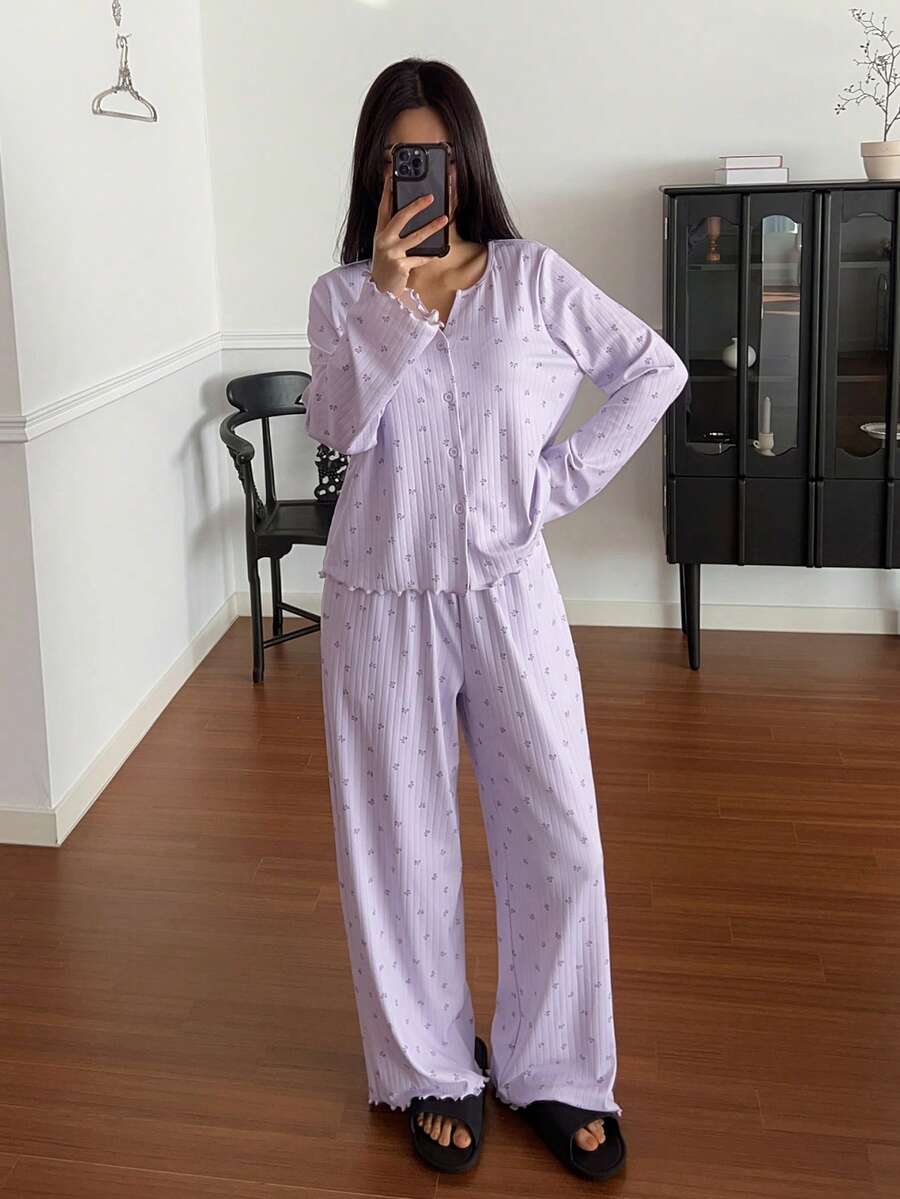 SHEIN DAZY طقم بيجامة نسائي مع ربطة عنق بطبعة زهور صغيرة