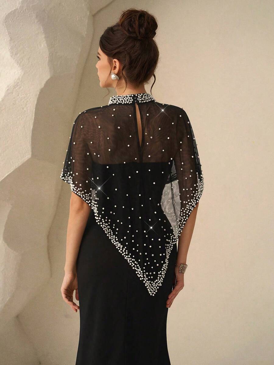 SHEIN Coutiva فستان سهرة أسود مزين باللؤلؤ الفاخر