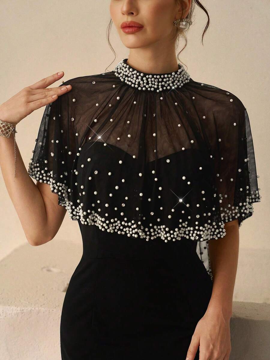 SHEIN Coutiva فستان سهرة أسود مزين باللؤلؤ الفاخر