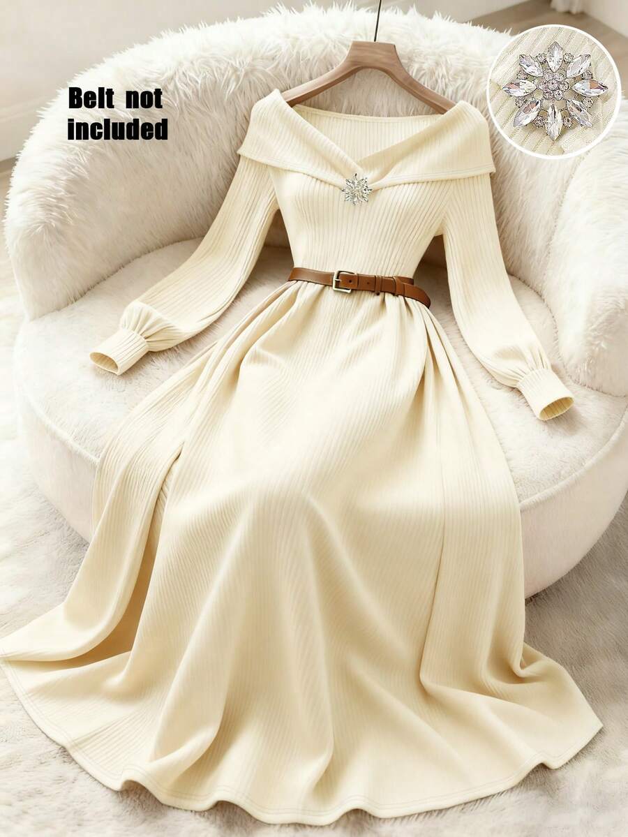 SHEIN Franclia فستان محبوك بتنورة مشدودة الخصر بلون مشمشي