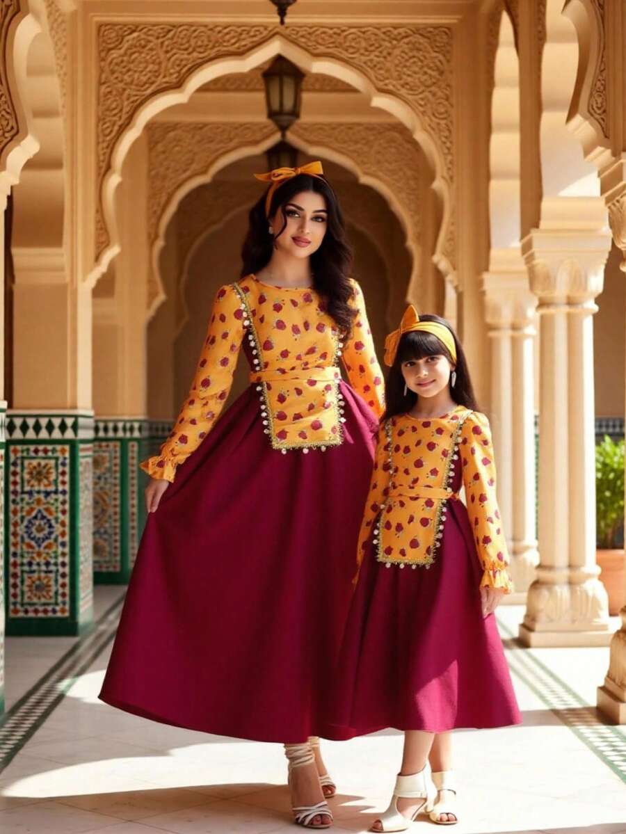SHEIN فستان أحمر مطبوع بتصميم لوحات بأكمام طويلة ورقبة دائرية