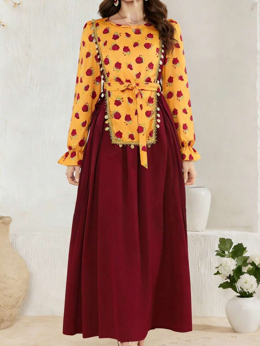 SHEIN فستان أحمر مطبوع بتصميم لوحات بأكمام طويلة ورقبة دائرية