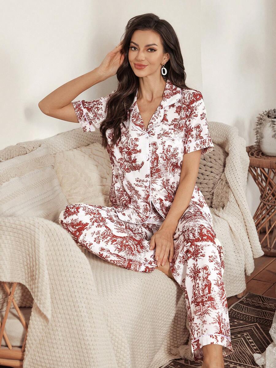 SHEIN Serenescape طقم بيجامة بكم قصير وتصميم مطبوع