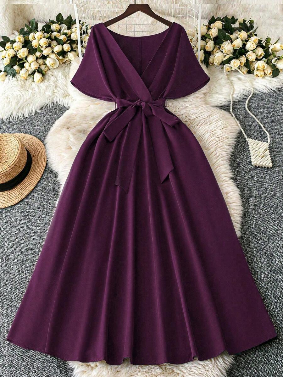 SHEIN DreamSkyne فستان للمقاسات الكبيرة بخصر مربوط بحزام بلون أرجواني
