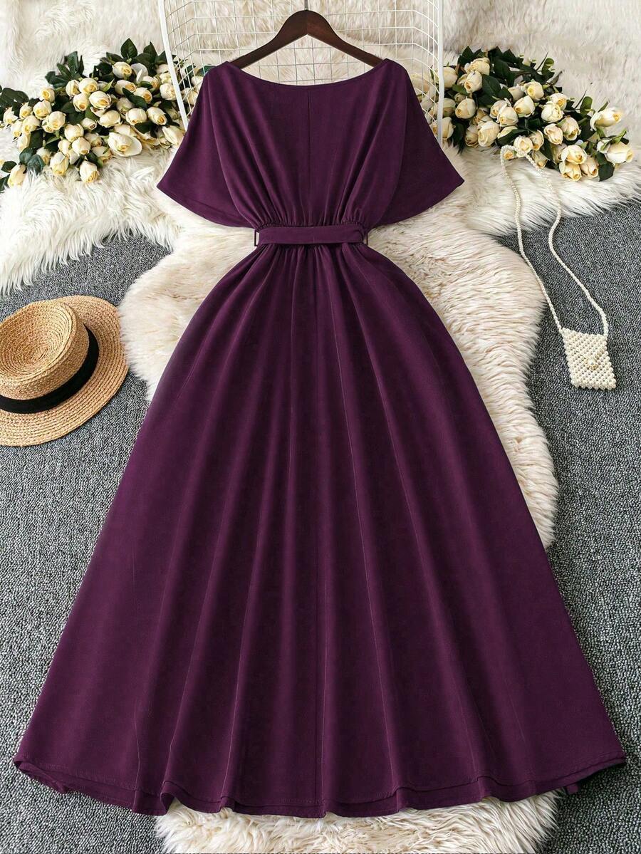 SHEIN DreamSkyne فستان للمقاسات الكبيرة بخصر مربوط بحزام بلون أرجواني