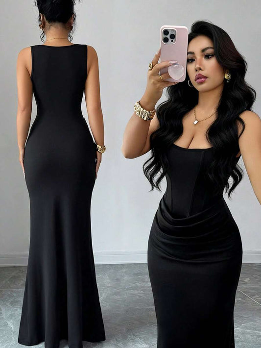 SHEIN Selianne فستان أسود ضيق برقبة مربعة فرنسية وخصر مكشكش