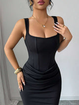 SHEIN Selianne فستان أسود ضيق برقبة مربعة فرنسية وخصر مكشكش