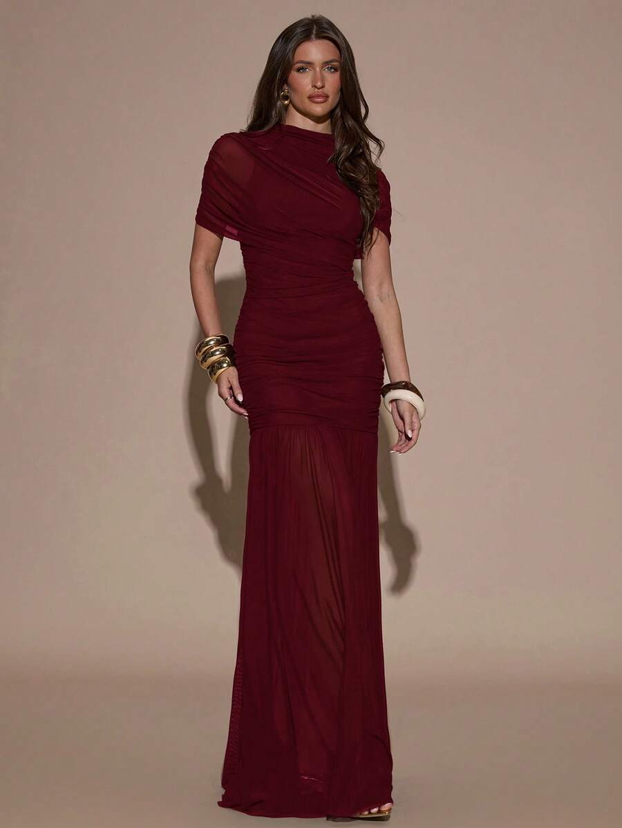 SHEIN BAE فستان بودي كون مطوي أنيق بلون عنابي