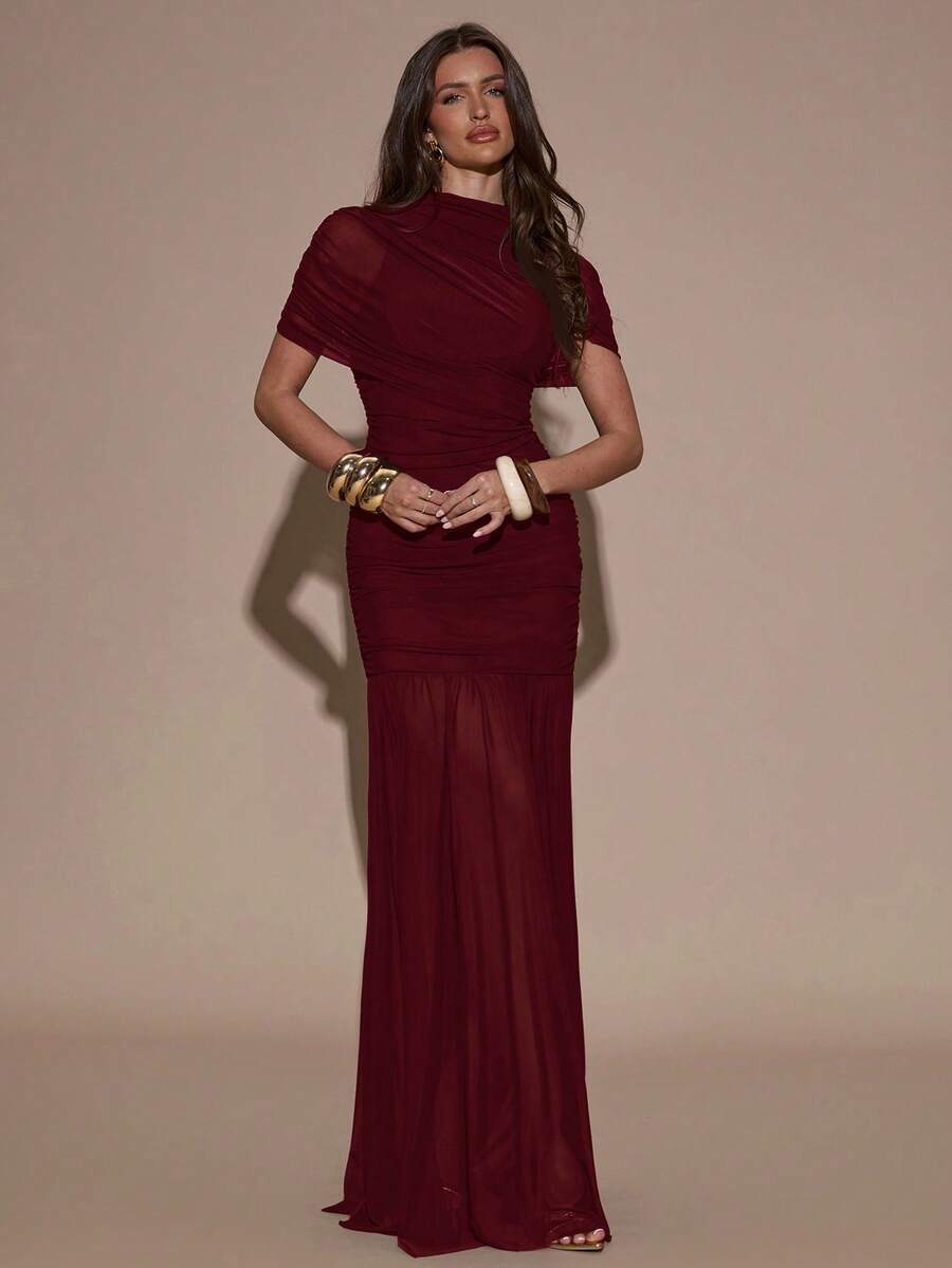 SHEIN BAE فستان بودي كون مطوي أنيق بلون عنابي