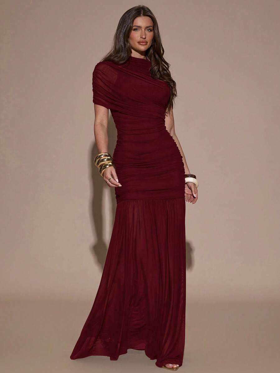 SHEIN BAE فستان بودي كون مطوي أنيق بلون عنابي