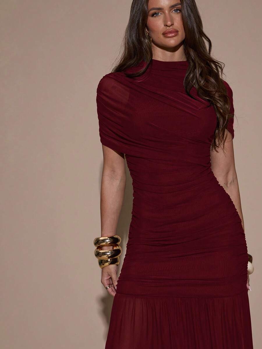 SHEIN BAE فستان بودي كون مطوي أنيق بلون عنابي